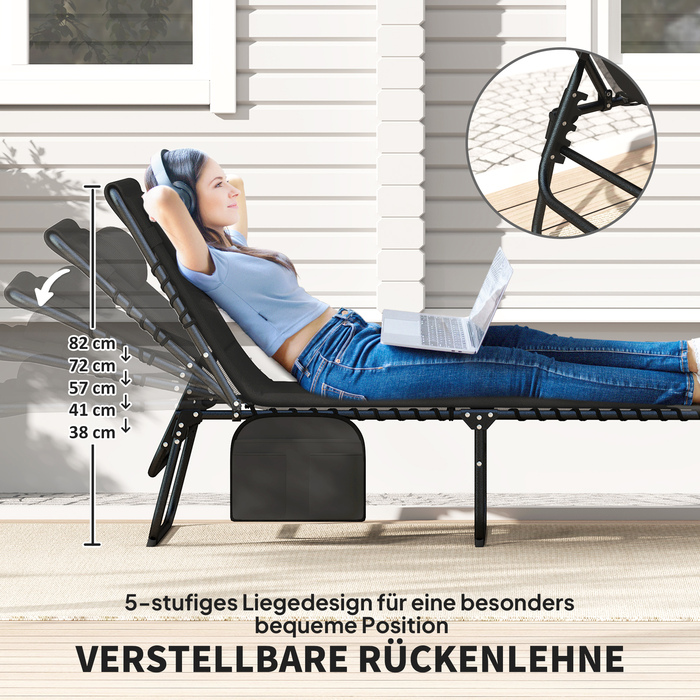 Набір з 2 сонячних лежаків, розкладні садові лежаки з подушкою для голови, спинка з 5 рівнями регулювання висоти, бічна кишеня, чорного кольору