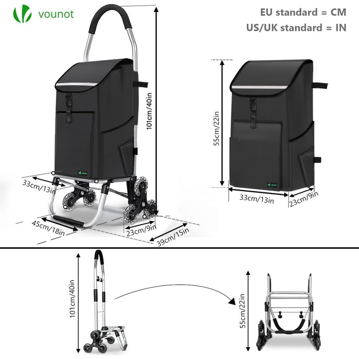 Візок для покупців VOUNOT Aluminium Stair Climber, 3 в 1, складаний з охолоджуючим відсіком, 6 коліс, 45 л, чорний