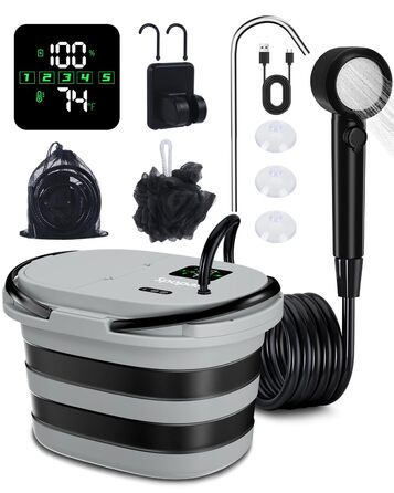 Campingdushe з насосом 20л, портативний душ з акумулятором 13000mAh, LED-індикатор, 5 режимів, для кемпінгу, подорожей, миття тварин