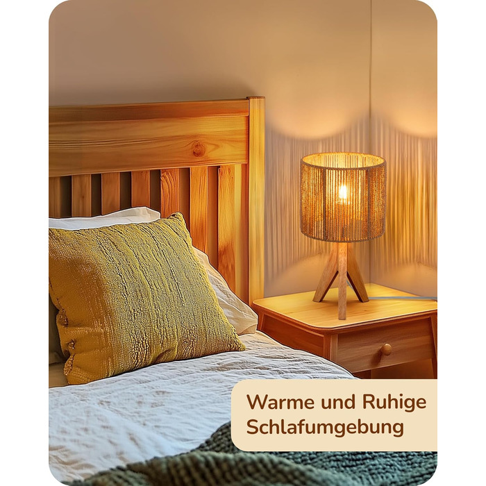 LED настільна лампа EDISHINE з абажуром з ручної роботи та дерев'яною підставкою, тепле світло 2700K, бохо-стиль для спальні, вітальні та готелю, з лампочкою E27 4W, паперовий шнур