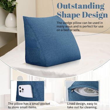 Підкова для читання Bettkeil, регульоване подушкове гніздо, трикутна подушка, подушка-підкова, подушка для попереку, шиї, спини з знімним льняним чохлом (жовтий (синій, 45см))