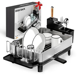 Сушарка для посуду Ewaiira з нержавіючої сталі, чорна, 1 ярус, з обертовим краном 360° та тримачем для столових приладів