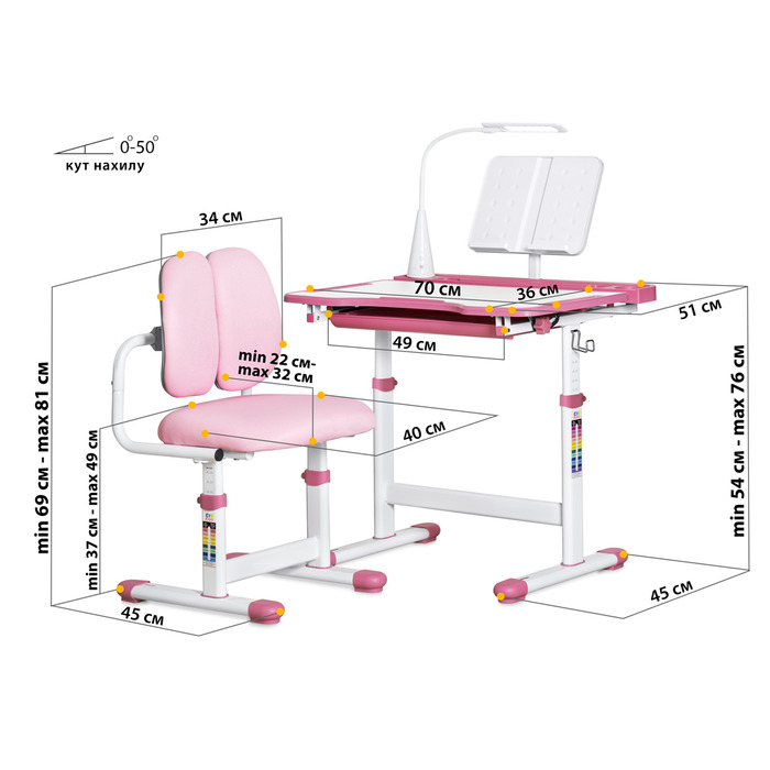 Комплект меблів Evo-kids (стіл+стілець+полиця+лампа) BD-23 PN