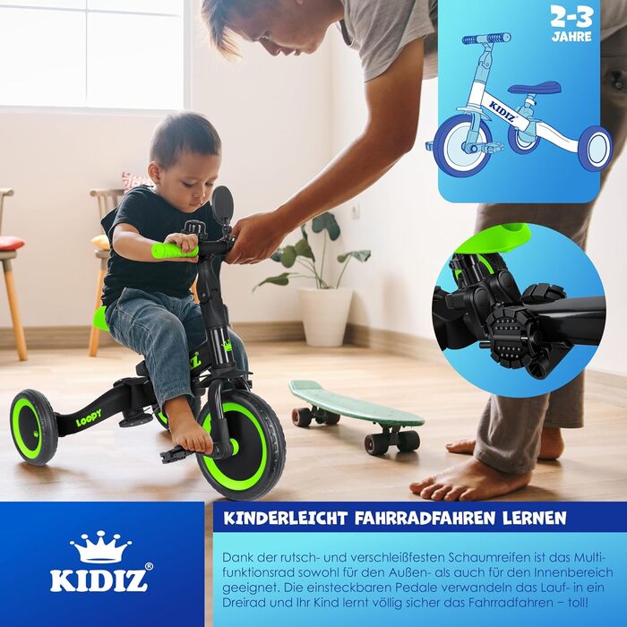 Біговел-триколіс KIDIZ 6-в-1 для дітей від 1 до 5 років (до 25 кг), чорний: з ручкою, захисним бампером, ременем безпеки, дзвінком та дзеркалом