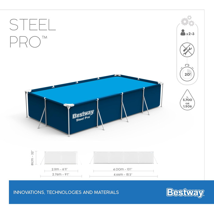 Каркасний басейн Bestway Steel Pro без насоса 300 х 201 х 66 см, синій, квадратний (400 х 81 см без аксесуарів темно-синій)