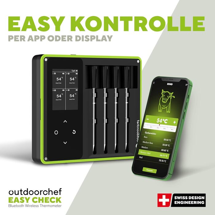 Термометр для гриля Outdoorchef Easy Check Quadro з Bluetooth, 4 датчики, 200м, для миття в посудомийній машині, з магнітною док-станцією