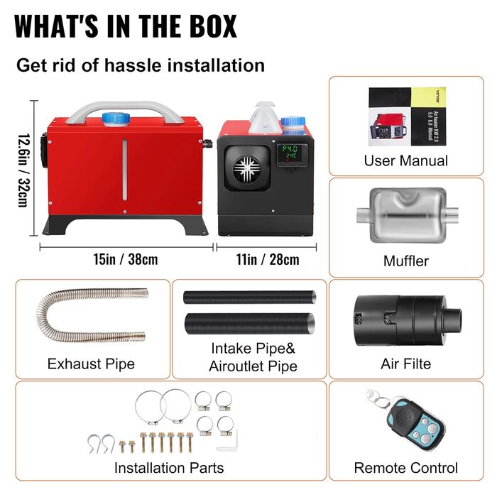 VEVOR 12V дизельний автономний опалювач, 8kW, повітряний опалювач для авто, RV, вантажівки, автобуса з пультом дистанційного керування (LCD, 1 вихідний отвір, червоний)