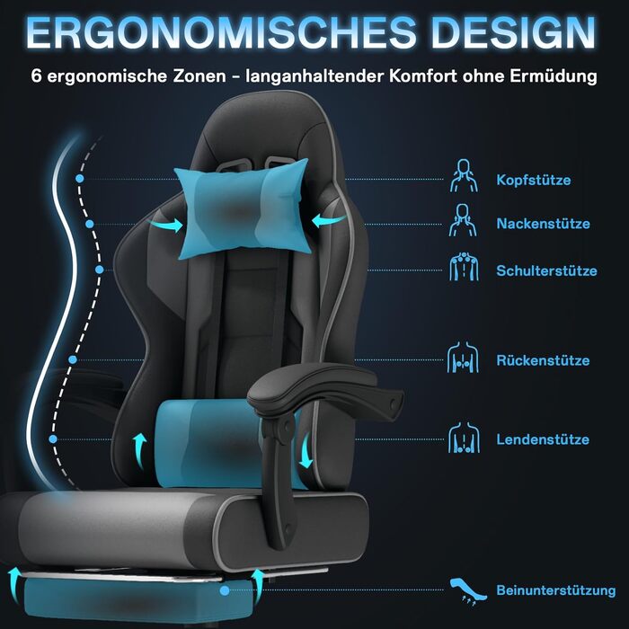 Ігровий крісло, офісне крісло з підніжкою, ергономічне крісло з регульованою спинкою 90-135°, вантажопідйомність 150 кг (сірий)