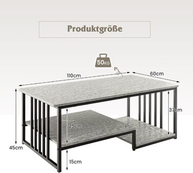 Журнальний столик COSTWAY, мармуровий вигляд і метал, 2 полиці, 110x60x45 см, сірий