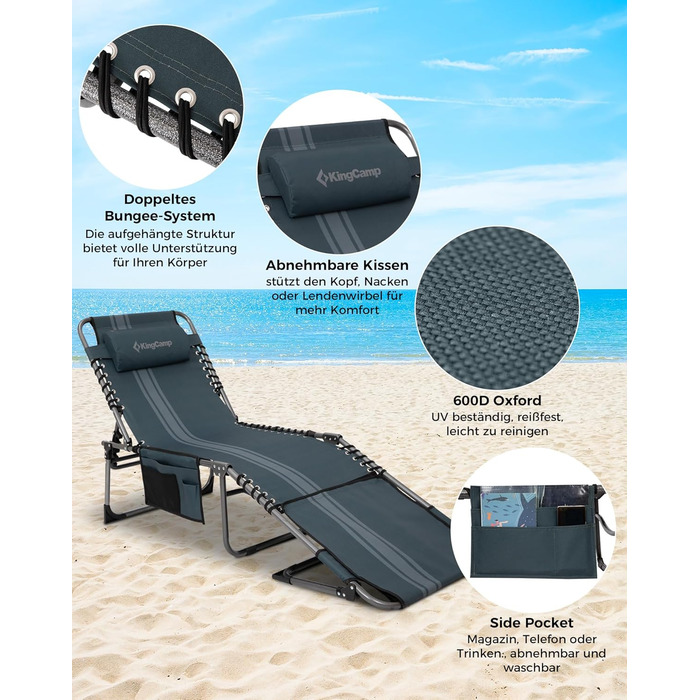 Лежак для відпочинку KingCamp великого розміру, складаний, 5 положень, для саду, кемпінгу, пляжу, 200 x 68 см, сірий, з подушкою та кишенею, до 200 кг