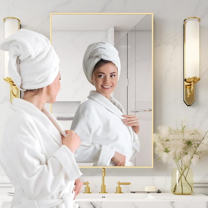 Дзеркало для ванної кімнати Homecookin Goldspiegel, 50.8 x 76.2 см, прямокутне, з металевим каркасом, для встановлення над умивальником, горизонтально або вертикально