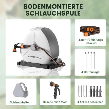 Тросовий барабан для садового шланга Giraffe Tools 25 м з висувною конструкцією, міцною основою, 7-функціональною насадкою та 360° поворотним кріпленням