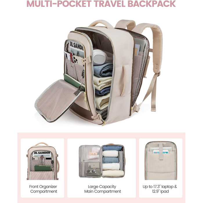 Рюкзак LOVEVOOK для ручної поклажі літака, жіночий, водонепроникний, з відділенням для взуття, 40L, 45x36x20, для ноутбука 17 дюймів, Carry on Luggage (сірий, білий, кавовий)