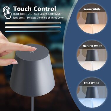 Набір з 2 LED-лампами настільними бездротовими, USB-C, диммування, сенсорне управління, для вулиці, кемпінгу, ресторану, тераси (чорний, сірий)