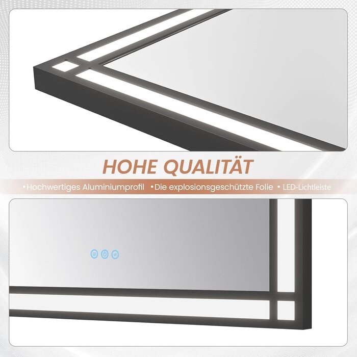 Дзеркало для ванної кімнати AQUABATOS LED з підсвічуванням 50x70 см, імітація вікна, сенсорне регулювання, регулювання яскравості, холодний білий, протизапотівання, чорний алюмінієвий каркас, декор у індустріальному стилі