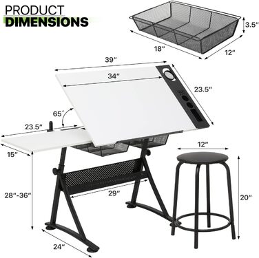 Набір мольбертів Magshion: регульований стіл для художника з нахиленою дерев'яною стільницею, стілець та 2 висувними ящиками для зберігання. Підходить для дому, офісу та школи (білий/чорний)