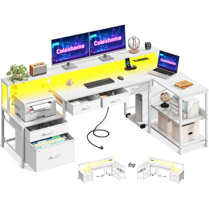 Комп'ютерний стіл кутовий Coleshome з шухлядами, 195x100 см, з розеткою, LED-підсвіткою та підставкою для монітора, реверсивний, з полицею для офісу