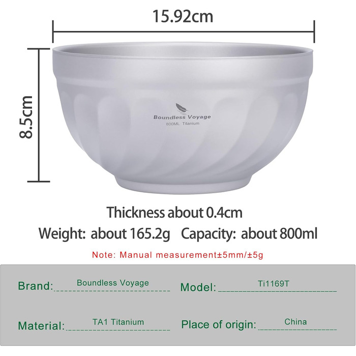 Титанові миски iBasingo з подвійними стінками 500мл та 800мл: для вівсянки, їжі, рису, супу. Легкі, портативні, металеві миски для кемпінгу та відпочинку на природі. Модель Ti1169t