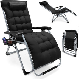 Розкладне шезлонґ для саду та басейну, широке крісло для відпочинку 72 см, з подушкою, чорний, витримує до 200 кг