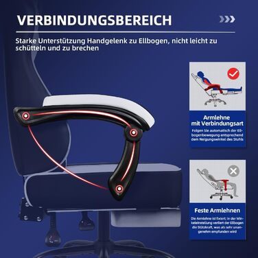 Ігровий крісло, ергономічний офісний стілець з телескопічною підніжкою, підголівник та підтримка попереку, регульований та поворотний, 150 кг, білий