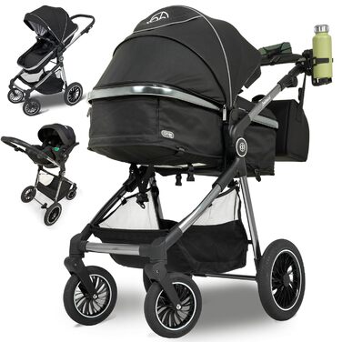 Дитяча коляска 3 в 1 з автокріслом та люлькою | Коляска для малюка з автокріслом, безпечний ремінь, легка оливкова | Без Isofix