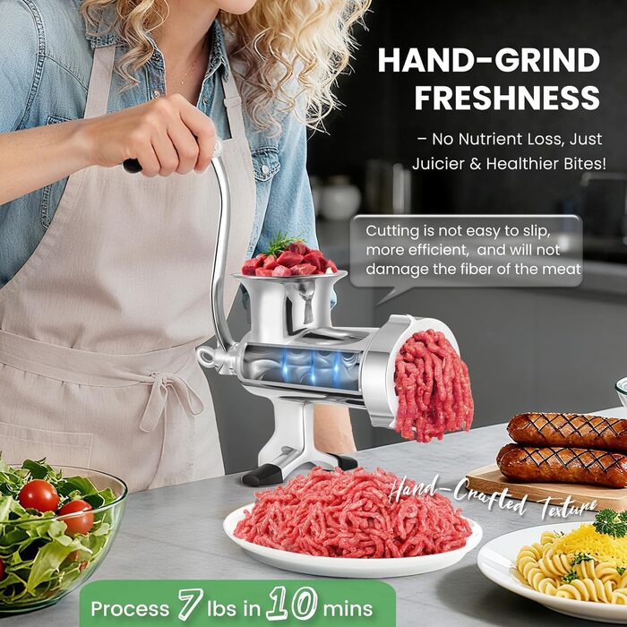 М'ясорубка ручна Huanyu з нержавіючої сталі та насадкою для ковбас, посудомийна, розмір 10