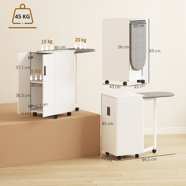 Складаний шафа-прасувальна дошка 2-в-1 на колесах з регульованою полицею для маленьких приміщень, білий