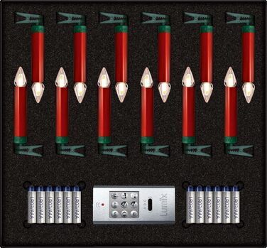 Світлодіодні свічки для ялинки Lumix® SuperLight Flame Metallic Mini Red 9cm, тепле біле світло, набір 12 шт. з пультом керування, 77146