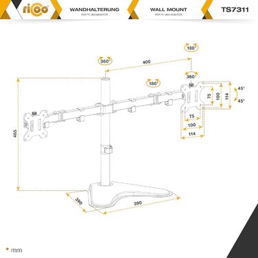 Підставка для монітора RICOO на 2 монітори, Dual Monitor Arm, TS3811, для 17-27 дюймів, PC Gaming, стіл
