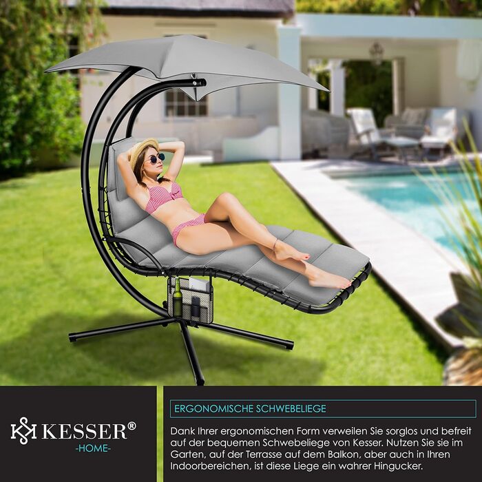 Кесер® Плаваюча лежанка з парасолькою, гамак-лежанка, сонячна лежанка H200, L194, B100 см, лежанка для відпочинку, гамак-шезлонг, до 120 кг, з подушкою для шиї, сумка в комплекті (Сірий)