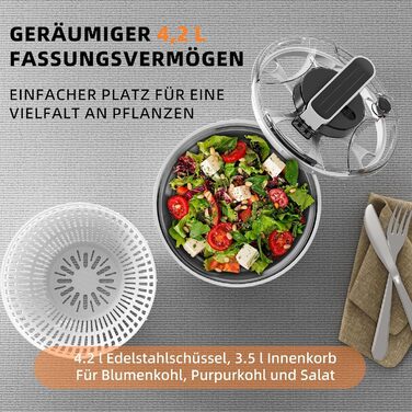 Салатниця-швидкосушарка з нержавіючої сталі 4.2L з мискою та кришкою, для салатів, овочів, зелені, ягід