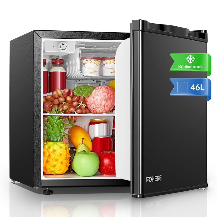 Міні-холодильник E 46L з морозильною камерою, енергоощадний, регулювання температури, рівень шуму 42 дБ, чорний — для офісу, кухні та спальні