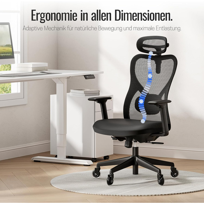 Яаса Крісло Plus: Ергономічне офісне крісло з підголівником, 2D-підтримкою попереку та 4D-підлокітниками. Тест-переможець 2026. Для дому та офісу, універсальні колеса (до 150 кг), чорний колір