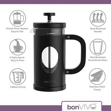 Дизайнерська кавоварка bonVIVO GAZETARO I і кавоварка French Press із зовнішнім виглядом, скляний кавник з рамкою з нержавіючої сталі, кавовий прес з фільтром з нержавіючої сталі, маленький, 0,35 л / 350 мл (чорний, 8 чашок)