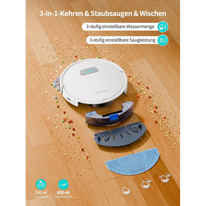 Робот-пилосос HONITURE G20 з функцією миття підлоги, 4000Pa, 3-в-1, для тварин, килимів, твердих підлог, з пультом дистанційного керування, білий
