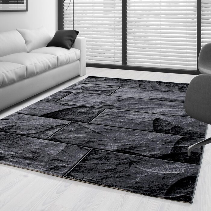 Килимок SIMPEX для вітальні сучасний кам'яний дизайн - кухонний килимок з коротким ворсом дуже м'який, простий у догляді для спальні, їдальні, дитячої кімнати - килимок для вітальні, що миється (280 x 370 см, чорний)