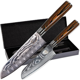 Набір кухонних ножів Wolfblood з дамаської сталі (2 шт.): Сантоку 30см та 24см. Дамаський сталь 67 шарів, твердість 62 HRC, сертифікат TÜV, дерев'яні ручки, подарункова коробка, захист леза.