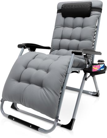 Шезлонг для відпочинку, розкладний, широка спинка 72 см, для саду, патіо, пляжу, басейну, з подушкою, 200 кг (Світло-сірий)