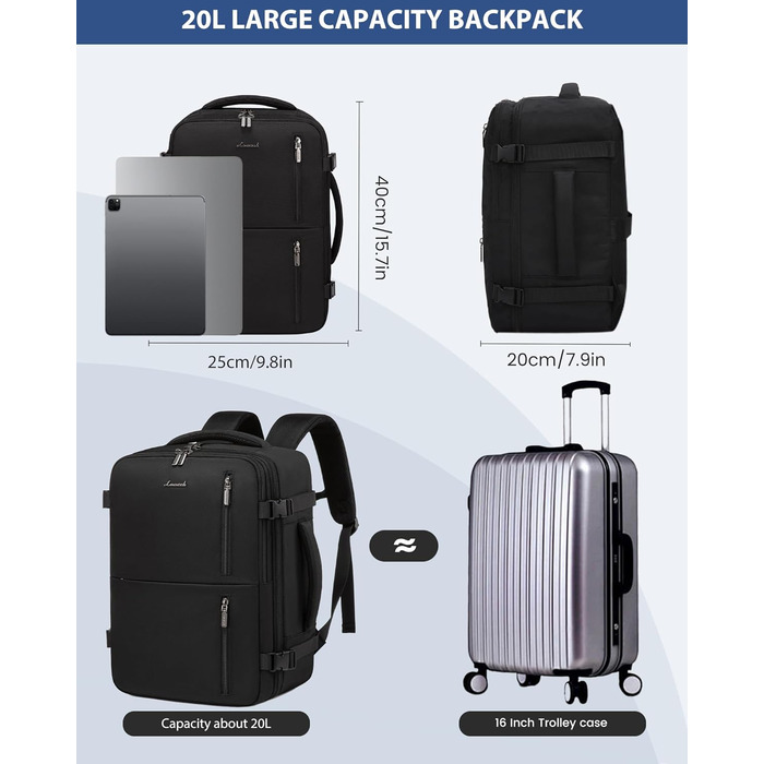 Рюкзак LOVEVOOK для ручної поклажі 40x30x20, дорожній рюкзак для жінок та чоловіків, 24л, для ноутбука 14 дюймів, з USB, для роботи та подорожей