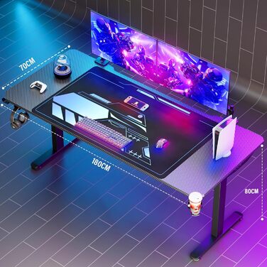 Ігровий стіл Himimi 180x70x80 см з LED підсвічуванням, стільниця з карбону, органайзер для кабелів, тримач для напоїв та кріплення для навушників (Чорний)