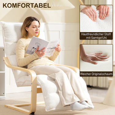 Крісло-релакс з берези, м'яке крісло, регульована підніжка, білий