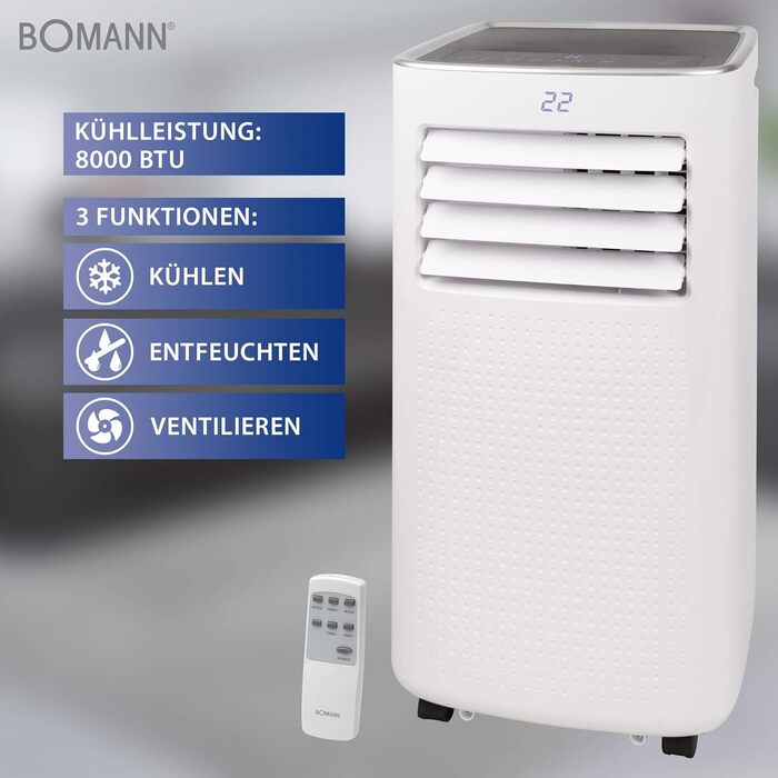 Мобільний кондиціонер Bomann CL 6049 CB, кондиціонер 3в1 з таймером для вітальні/квартири/кемпінгу, тихий, вентилятор, охолоджувач повітря з охолодженням 8000 BTU, циркуляція повітря 400 м/год, LED-дисплей, білий 8000 BTU потужність охолодження