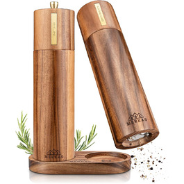Дерев'яний набір для солі та перцю з керамічним млинком та підставкою - 21,5 см - Млинок для спецій з тонкої деревини акації - Дерев'яний млинок для перцю великий - Кухонний гаджет - Ідея для подарунка