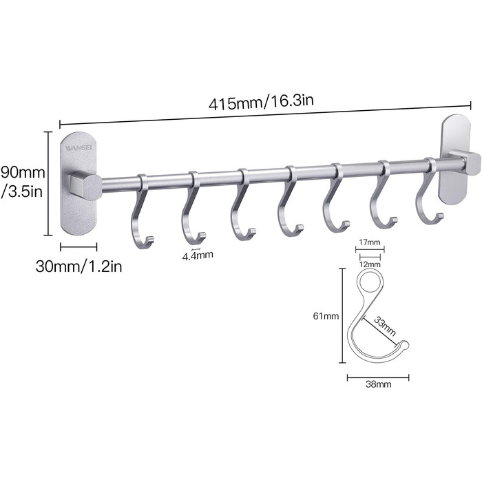 Гак-планка Wangel Кухонні гаджети підвісна планка 7 гачків без свердління, запатентований клей самоклеючий клей 3M, алюміній