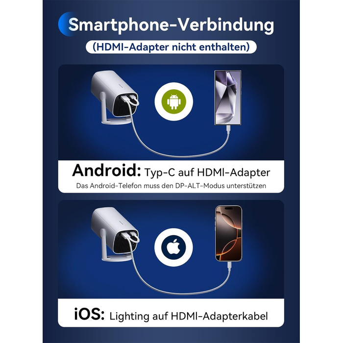 SOOMFON Mini Beamer 1080P: Портативний проєктор з Bluetooth, автотрапецеїдною корекцією та електричним фокусом. Сумісний з iPhone, Tablet, Laptop, TV Stick, HDMI, USB