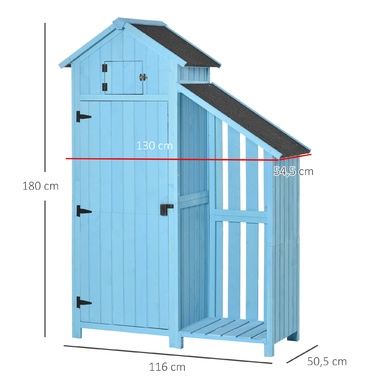 Outsunny Garden Shed Садовий сарай з кімнатою для зберігання дров 3 полиці Асфальтовий дах Ялиця Sky Blue 130x54.5x180см для саду та тераси