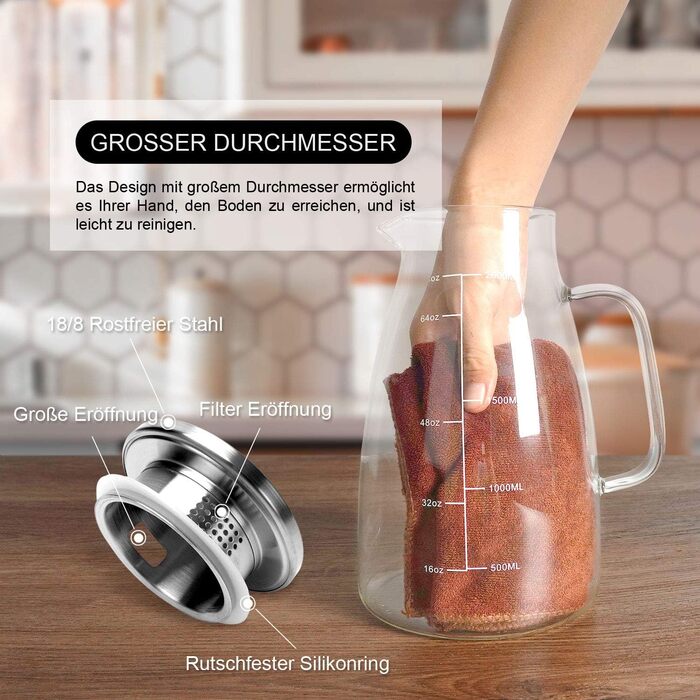 Скляна карафа Aofmee 2 літри з кришкою, для води, соку, айс-ті, 2L