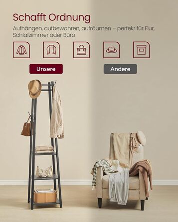 Навісна вішалка для одягу VASAGLE LCR080W09, 8 гачків, 4 полиці, металевий каркас, для шарів, курток, сумок, золо дуб + хмаринний білий