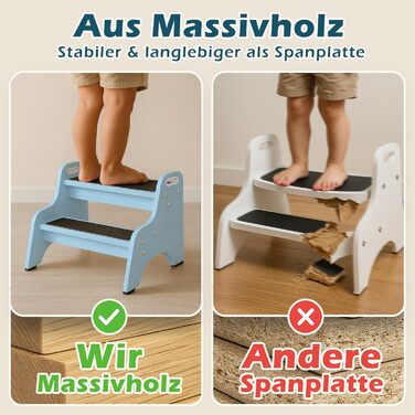 Дерев'яний трисходовий стільчик для дітей Tritthocker – безпечний, з антиковзним покриттям, для ванної та кухні, скандинавський дизайн, колір: натуральний (блакитний)