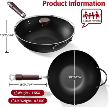 Вок Jobin 32 см з вуглецевої сталі з кришкою, дерев'яним та сталевим ручками, для приготування азійських страв (3-5 осіб), сумісний з Induktion, електро та газовими плитами - Чорний